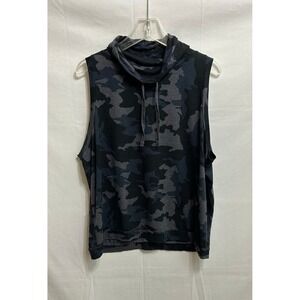 Prana Womens Camouflage Sleeveless Hoodie Cowl Neck Drawstring Top Blue Gray L